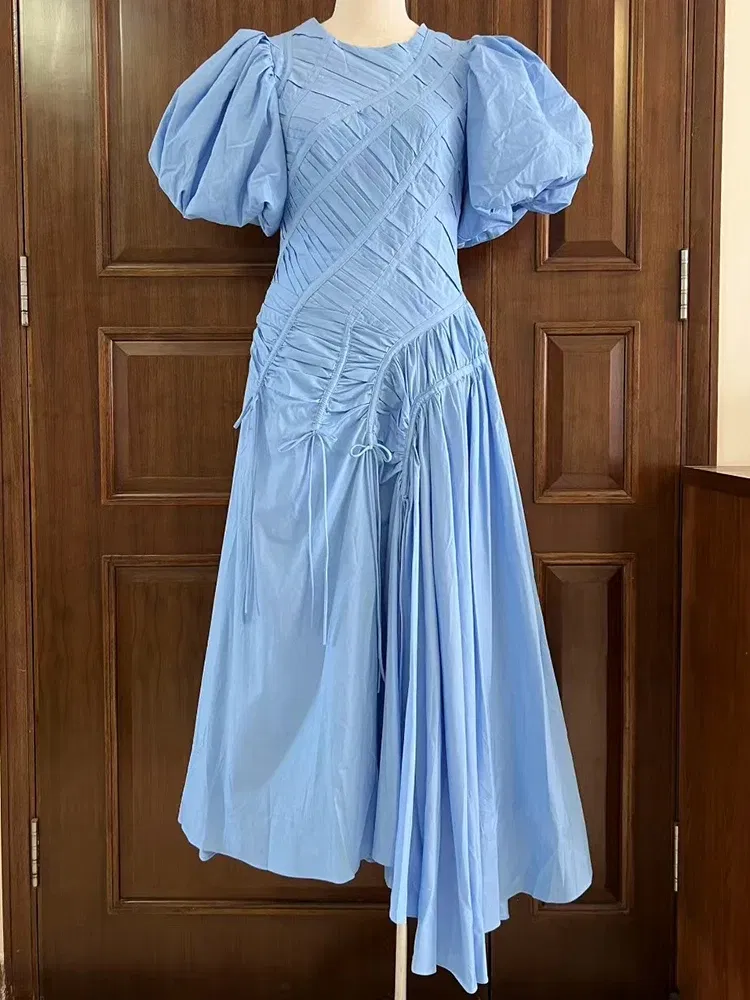 Color: black, Size: L - 2025 summer women's new round neck lantern short sleeve irregular stitching drawstring dress slim dinner temperament long dress