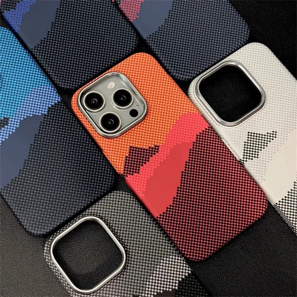 Color: Beige, Material: Plastic - Luxury Alloy Lens 3D Relief Peak Carbon Fibre Pattern Case For iPhone 13 14 15 16 Pro Max Slim Shockproof PC Cover For Magsafe