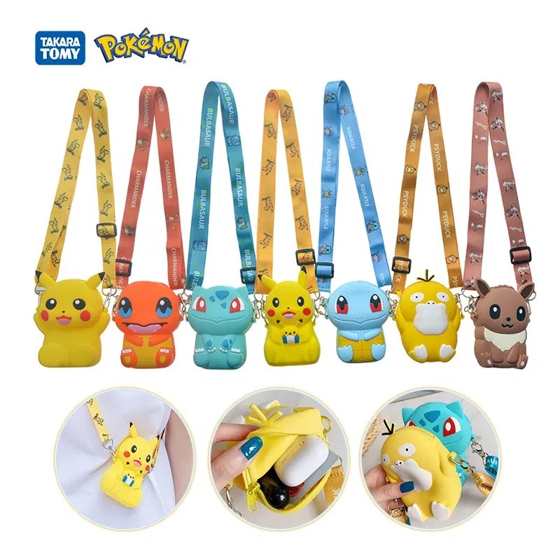 Color: Yellow - Pokemon Bag Crossbody Bags for Children Mini Coin Purse Kawaii Fashion Toy Anime Action Figures Pikachu Eevee Funny Modelding