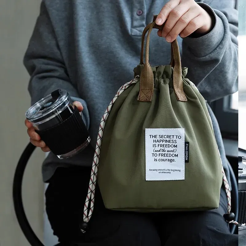 Color: Beige - Large Capacity Waterproof Lunch Bag with Drawstring Closure Thick Insulation Cooler Bento Bag for Picnic Work Student Handle Bag