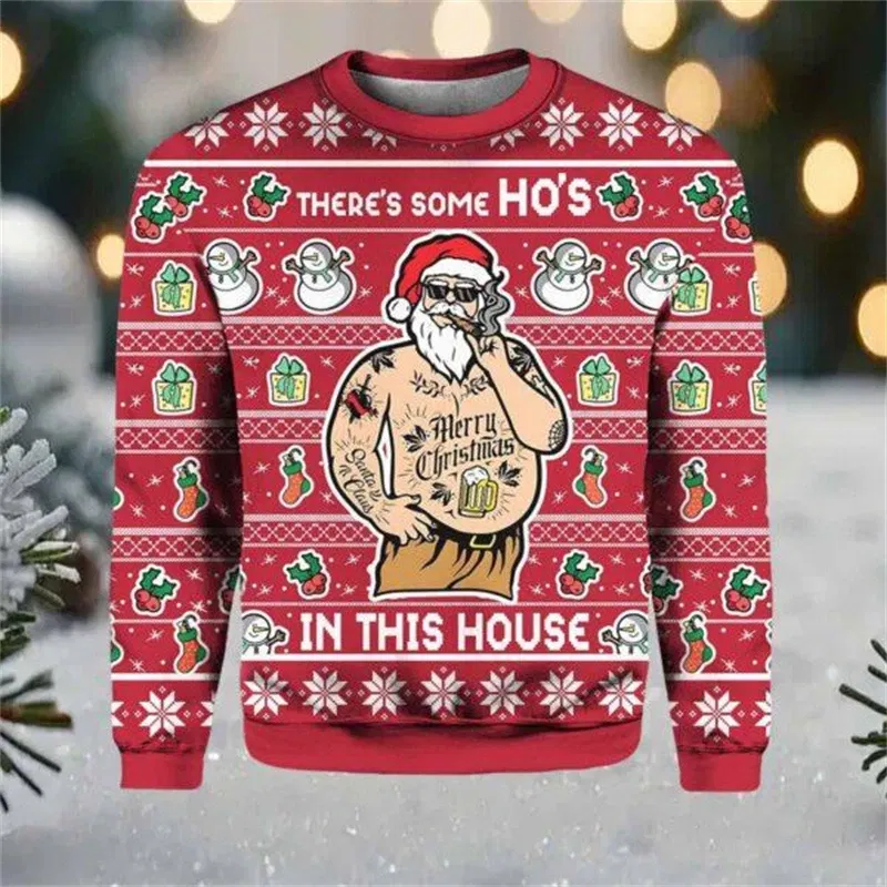 Color: army green, Size: XXL - Funny Santa Claus Graphic Ugly Christmas Sweater 2026 Men Fashion Autumn Winter 3D Printed Sweatshirt Casual Oversized Pullovers