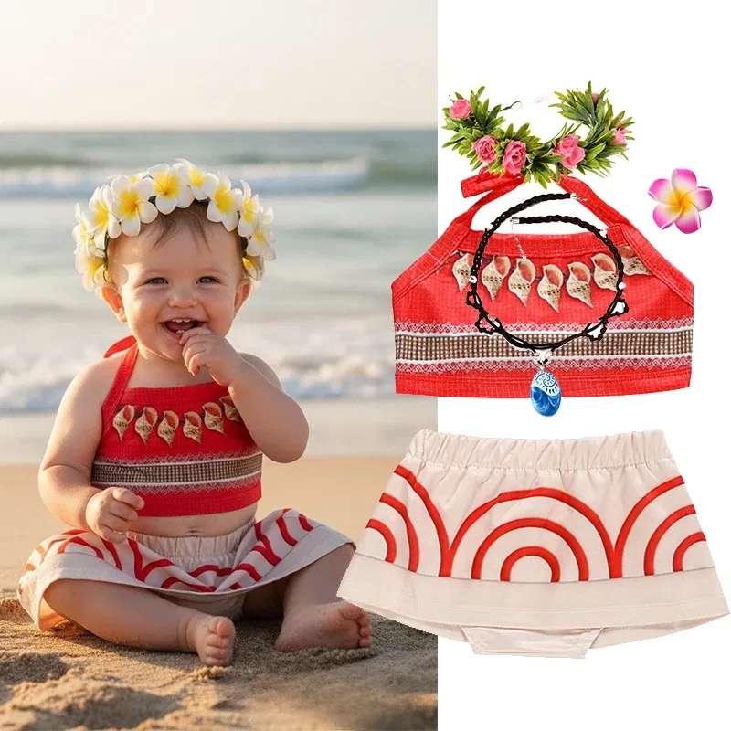 Color: Khaki, Kid Size: 4T - Little Girls Cospaly DISNEY Moana Kids Two Pcs Set Top +Pants Infant Vaiana Role Play Festival Princess Costume Casual Clothes