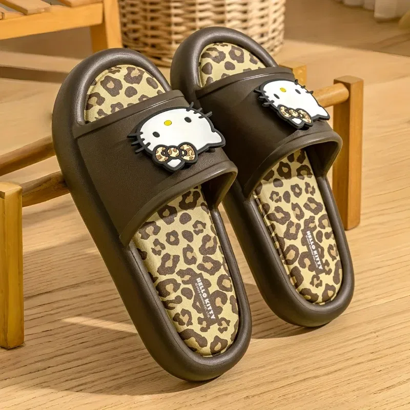 Color: Grape, Shoe Size: 36-37 - Miniso Hello Kitty Cute Leopard Print Slippers Trendy Open-Toe Slide Sandals in Chic Two-Tone Design Comfortable EVA Material