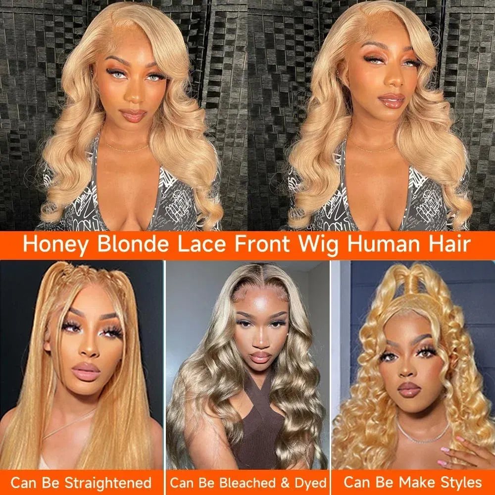 13x6 HD Honey Blonde Body Wave Lace Front Wig for Women Pre-Plucked Transparent Lace Frontal Colored #27 Human Hair Wig on Sale