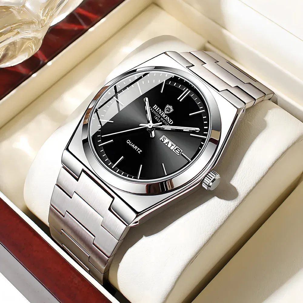 Color: Silver - UTHAI Men Watch Light Luxury Brand Stainless Steel Double Calendar Waterproof Male Business Leisure Fashion Quartz Clock Watches