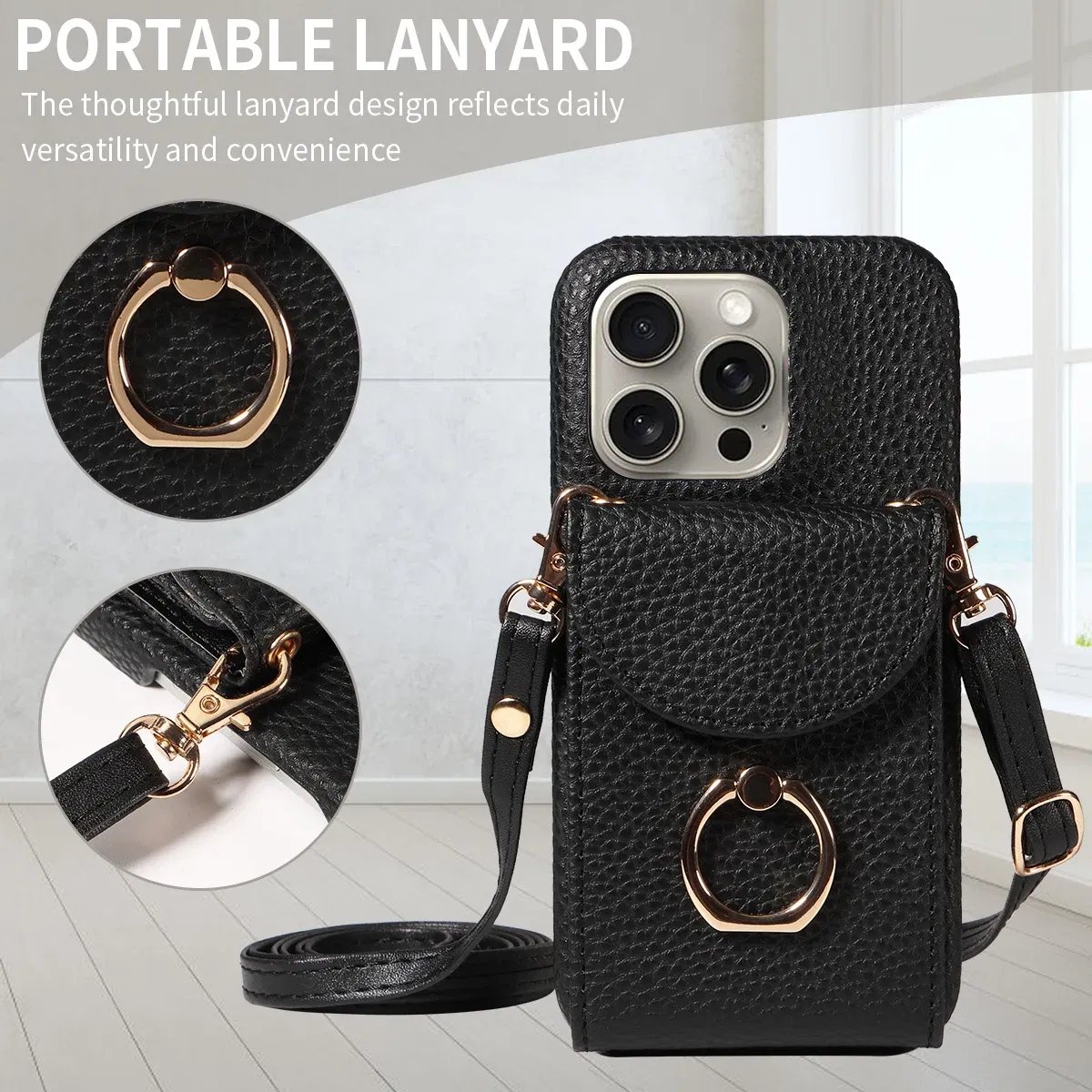Color: black, Compatible-Phone Models: For iPhone 15 Plus, Bundle: Case & Strap, Material: Artificial Leather - High Quality Ring Stand Lychee Pattern Phone Case for IPhone16promax15 14 13 Crossbody with Lanyard PU Leather Anti-fall Cover