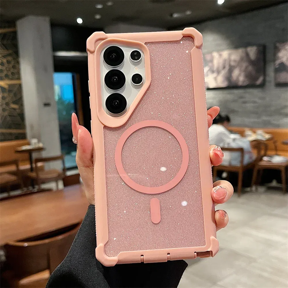 Color: black, Compatibility by Model: Galaxy S25+ - For Magsafe Clear Armor Bumper Glitter Phone Case For Samsung S25 Ultra S24 Plus Wireless Charging Shockproof Protective Cover