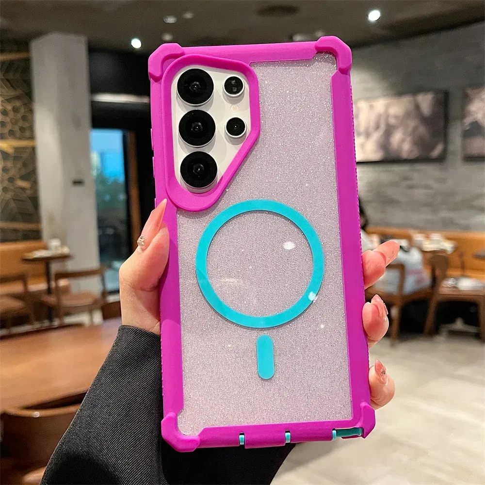 Color: black, Compatibility by Model: Galaxy S25+ - For Magsafe Clear Armor Bumper Glitter Phone Case For Samsung S25 Ultra S24 Plus Wireless Charging Shockproof Protective Cover