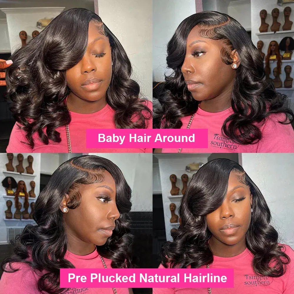 Hair Color: #1, Ships From: CHINA, Stretched Length: 10inches, Density: 180% - 7x5 Glueless Ready To Wear And Go Pre plucked 180 Density Body Wave Short Bob Human Hair Wigs 13x4 Lace Frontal Human Hair Wig