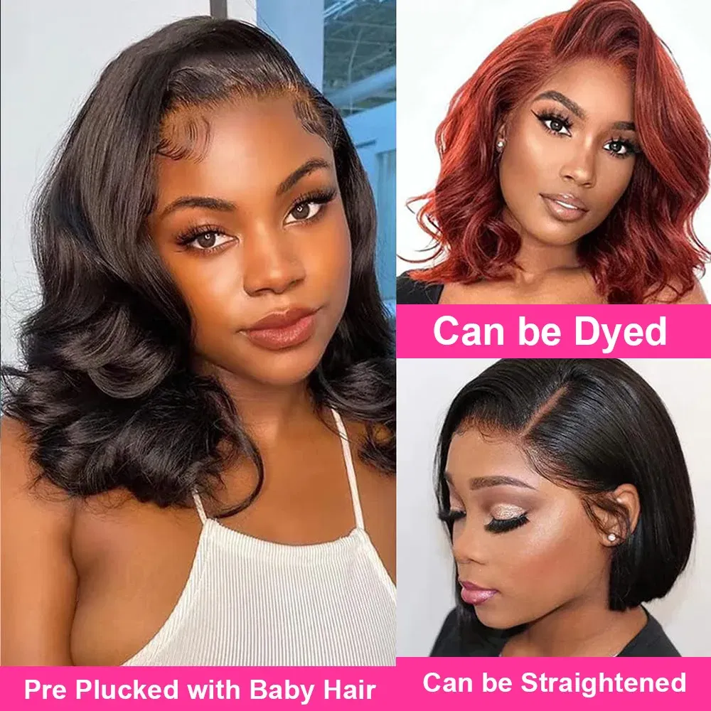 Hair Color: #1, Ships From: CHINA, Stretched Length: 10inches, Density: 180% - 7x5 Glueless Ready To Wear And Go Pre plucked 180 Density Body Wave Short Bob Human Hair Wigs 13x4 Lace Frontal Human Hair Wig