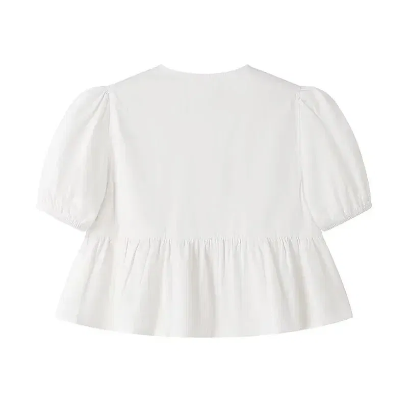 Color: WHITE, Size: XS - TRAF White Crop Top Women Black Ruffle Short Puff Sleeve Blouse Female Bow Tied Summer Blouses Woman 2024 Ruched Cute Tops