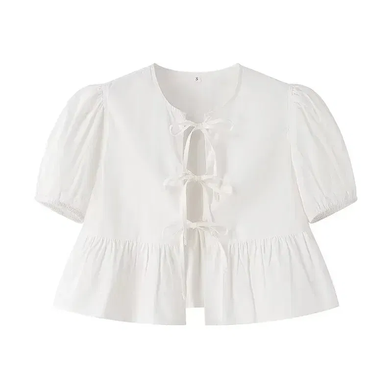 Color: WHITE, Size: XS - TRAF White Crop Top Women Black Ruffle Short Puff Sleeve Blouse Female Bow Tied Summer Blouses Woman 2024 Ruched Cute Tops