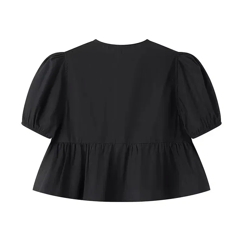 Color: WHITE, Size: XS - TRAF White Crop Top Women Black Ruffle Short Puff Sleeve Blouse Female Bow Tied Summer Blouses Woman 2024 Ruched Cute Tops