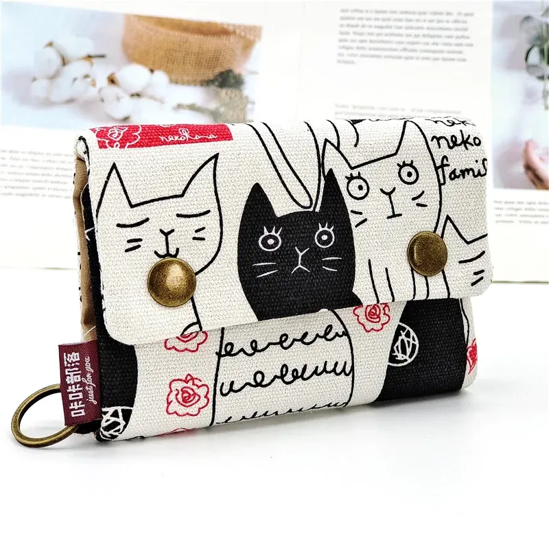 Color: black - Handmade Three Fold Fabric Wallet Women Men Simple Short Zipper Purses for Teens Personality Multi-function Key Bag Card Holder