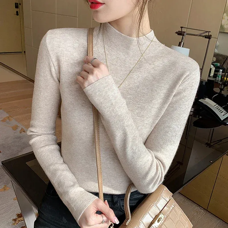 Color: Brown, Size: One Size - Turtleneck Sweater Women Fashion New Stretch Tops Women Knitted Pullovers Long Sleeve Bottoming Knitted Sweater