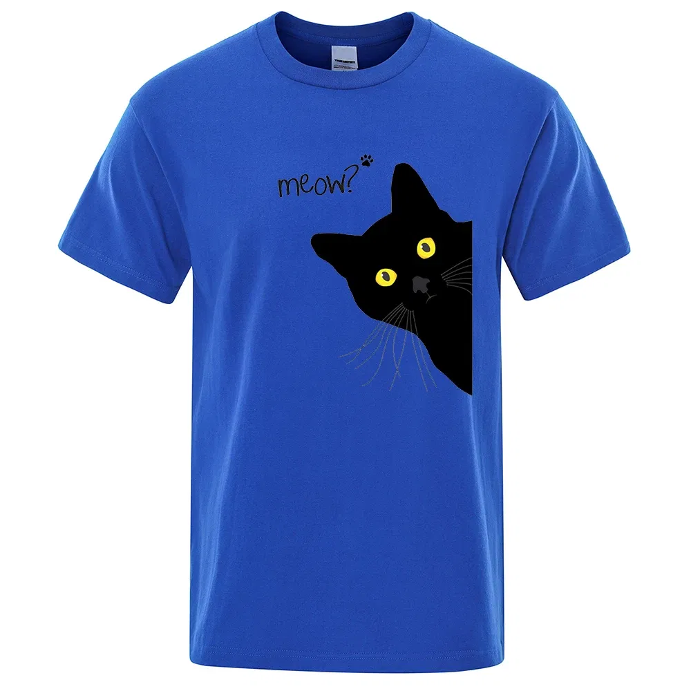 Color: GRAY, Size: XXXL - Meow Black Cat Funny Printing Men T-Shirts Breathable Tee Clothes Summer Streetwear Tops Oversized Loose Cotton Short Sleeve