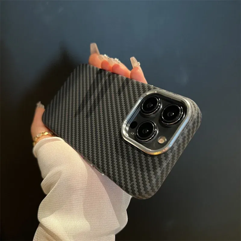 Abstract Carbon Color Relief Case for iPhone 16 Pro Max 15 14 Cover MagSafe Charge Alloy Lens Camera Bumper Hard Armor PC Shell