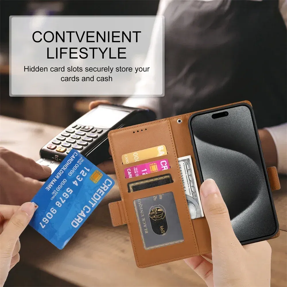 Color: Red, Material: Genuine Leather - PU Leather Flip Phone Case For iPhone 16 15 Pro Max 16E 14 13 1211 XS Max XR X 8 7 Plus SE KickStand Cards Solt Wallet Cover