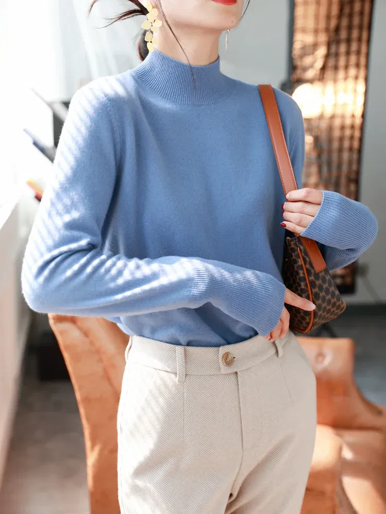 Color: Blue, Size: One Size - Autumn Winter chic Bottom Sweaters Women Fashion Turtleneck Pullover Slim Long Sleeve Knitted Jumpers Soft Warm Pull Femme Top