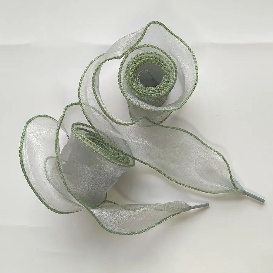 Color: green, Length: 140cm - 4cm Wide Festoon Fishtail Organza Shoelaces Wave Chiffen Fall Winer Bow Laces Beauty White Casual Sneaker DE Training Shoes Lace