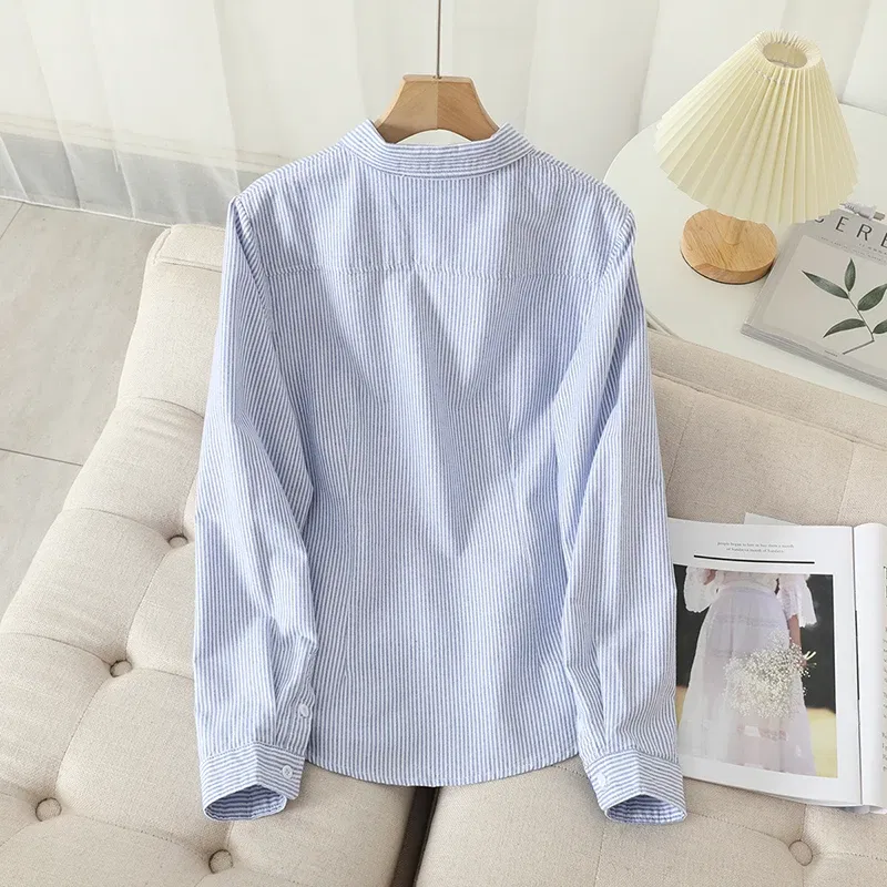 Color: Blue, Size: M - Women's Casual Cotton Oxford Shirt 2023 New Woman Striped Blouse and Tops Simple Solid Lady White Blue Shirts Clothes