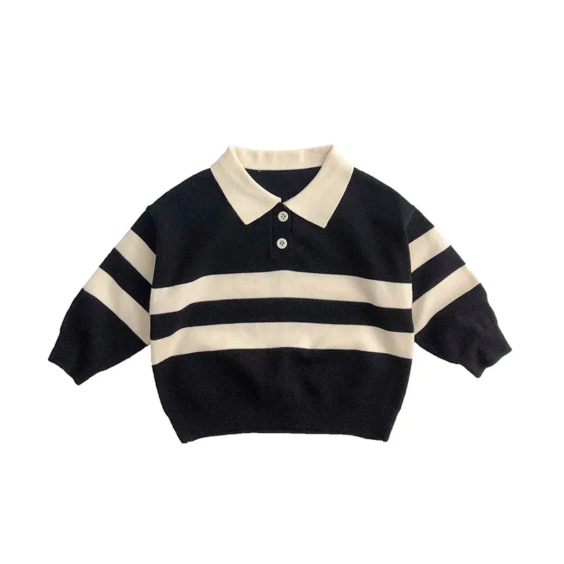 Color: black, Kid Size: 2T - 2025 Autumn New Children Long Sleeve Striped Sweater Cotton Boys Knitted Shirts Cute Baby Casual Knit Sweater Kids Clothes