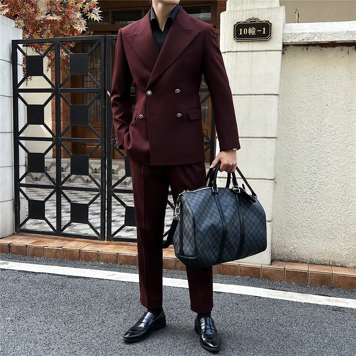 Color: black, Size: L - 2Pieces Jackets+Pants Design High Quality Men's Set Elegant Fashion Double Breasted Thick Wedding Dress Blazers And Trousers Set