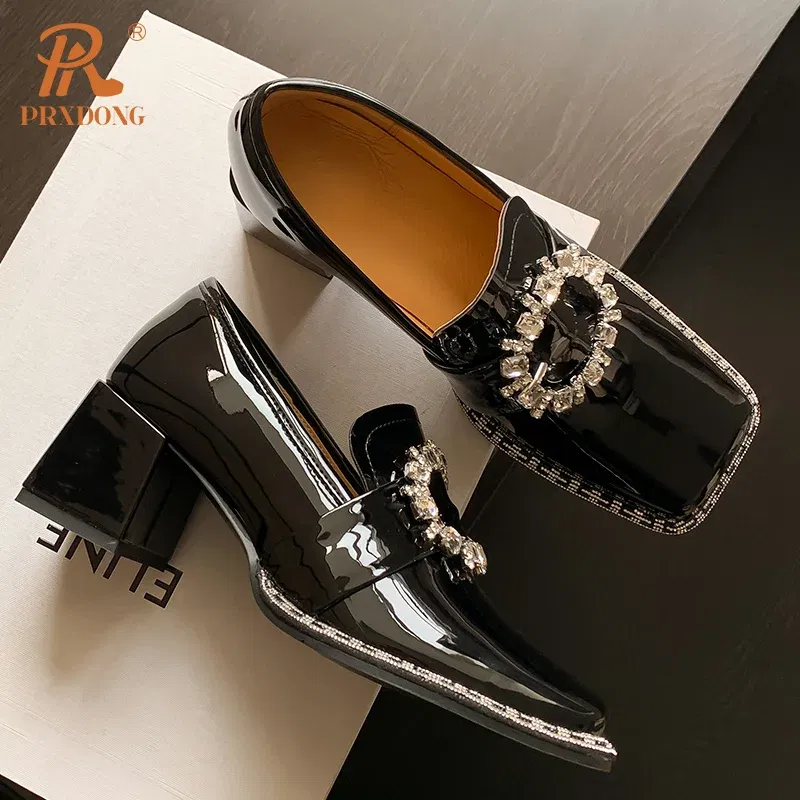 Color: black, Shoe Size: 42, Ships From: CHINA - PRXDONG New Arrivals Genuine Leather Spring Summer Women Pumps Square Med Heel Crystal Black White Dress Party Office Lady Shoes