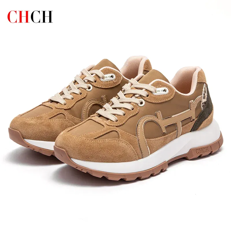 Color: black, Shoe Size: 40 - CHCH Women Tennis Shoes New Leather Splicing Student Sports Shoes