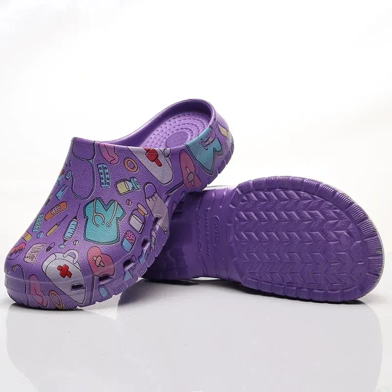 Color: Beige, Shoe Size: 35-36 - Medical print Nurse Clogs EVA Surgical Slippers Lightweight Non-slip Doctor Scrub Clogs Dental Pet Clinic Nursing Clogs Y07-1