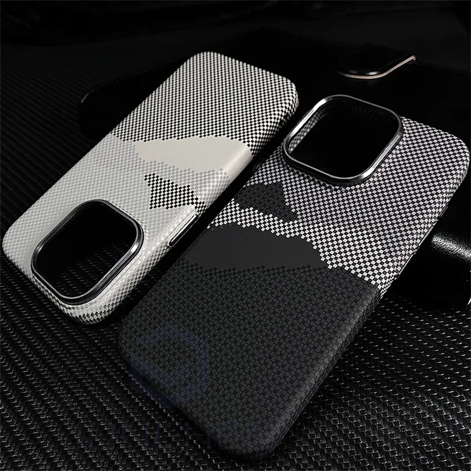 Color: Beige, Material: Denim - Luxury Alloy Lens 3D Relief Peak Carbon Fibre Pattern Case For iPhone 13 14 15 16 Pro Max Slim Shockproof PC Cover For Magsafe