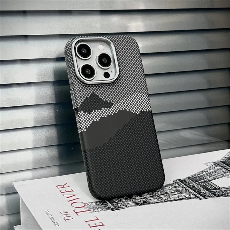 Color: Beige, Material: Denim - Luxury Alloy Lens 3D Relief Peak Carbon Fibre Pattern Case For iPhone 13 14 15 16 Pro Max Slim Shockproof PC Cover For Magsafe
