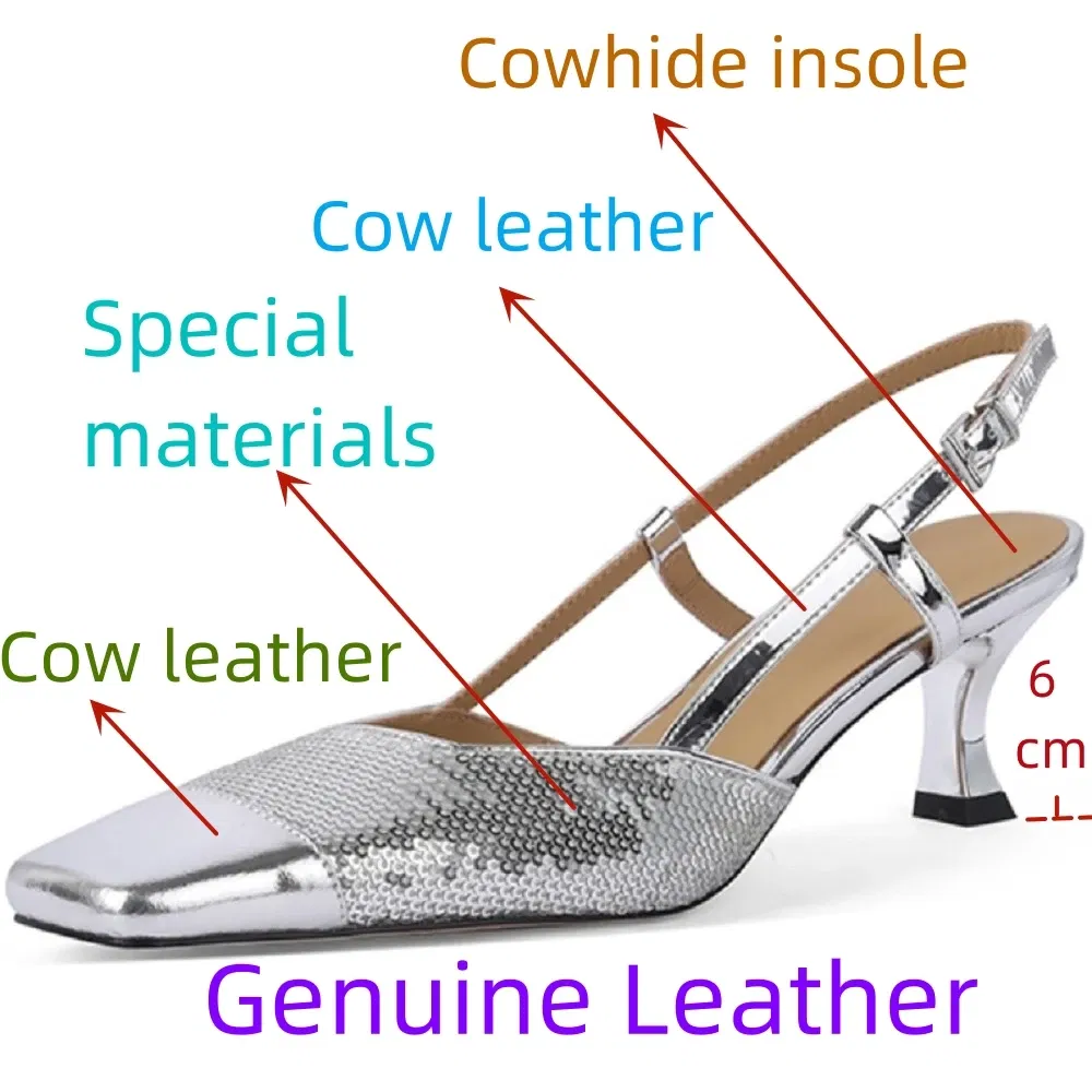 Color: Beige, Shoe Size: 34 - 【JOCHEBED HU?‘Sexy Genuine Leather Square Toe Women Sandals Thin High Heels Slingback Pumps Fashion Office Party Shoes 33-40