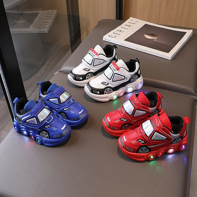 Color: Blue, Shoe Size: 22 - Diseny Kids'Casual Shoes Led Light Car Club Cartoon PU Leather Spring Shoes For Children Anti-slip Red Blue Shoes Size 21-30
