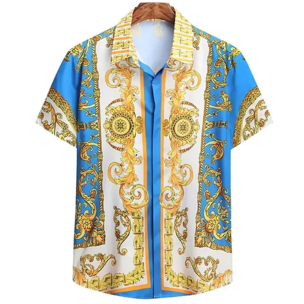 Color: SKY BLUE, Size: L - Summer Fashion Men's Short Sleeve Casual Shirts Luxury Style Gold Printed Tops Everyday Casual Wear Men's Shirts Oversized Tops
