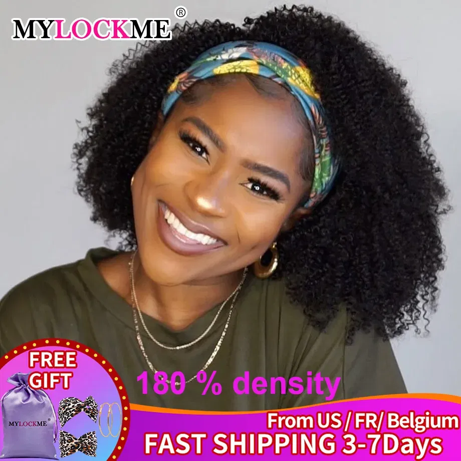 Hair Color: #27R, Stretched Length: 18inches - Headband Wig Human Hair Kinky Curly MYLOCKME No Glue Full Machine Made Brazilian Remy Human Hair Wigs For Women 180% Density