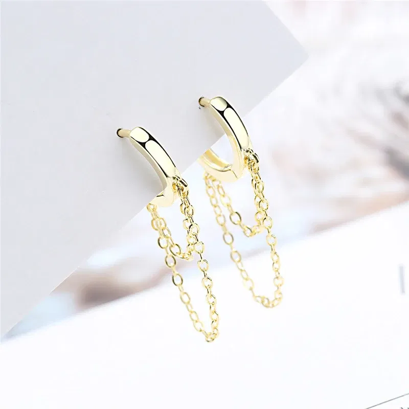 Metal Color: Bronze - Silver Color Punk Style Double Layer Chain Hoop Earring For Women Gold Color Ear Jewelry 2022 New Earrings