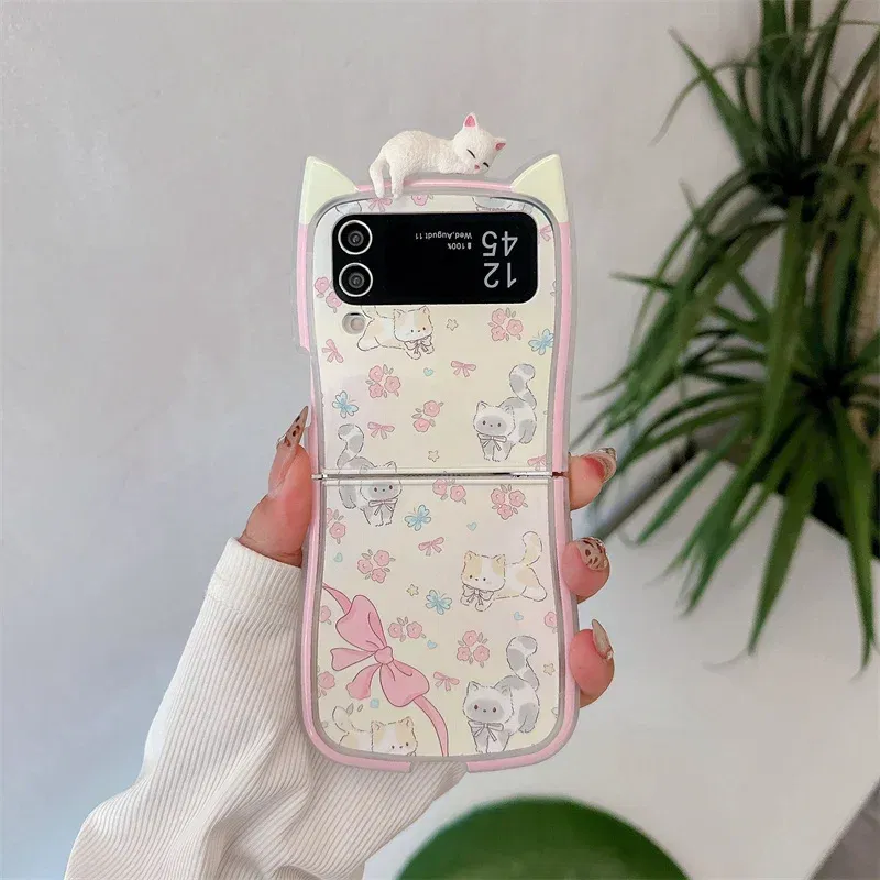 Color: black, Material: Microfiber - 3D Flower Cat Bracelet Phone Case For Samsung Galaxy Z Flip 7 FE 6 5 4 3 ZFlip6 Z Flip6 ZFlip 6 Cat Ears Shockproof Cover