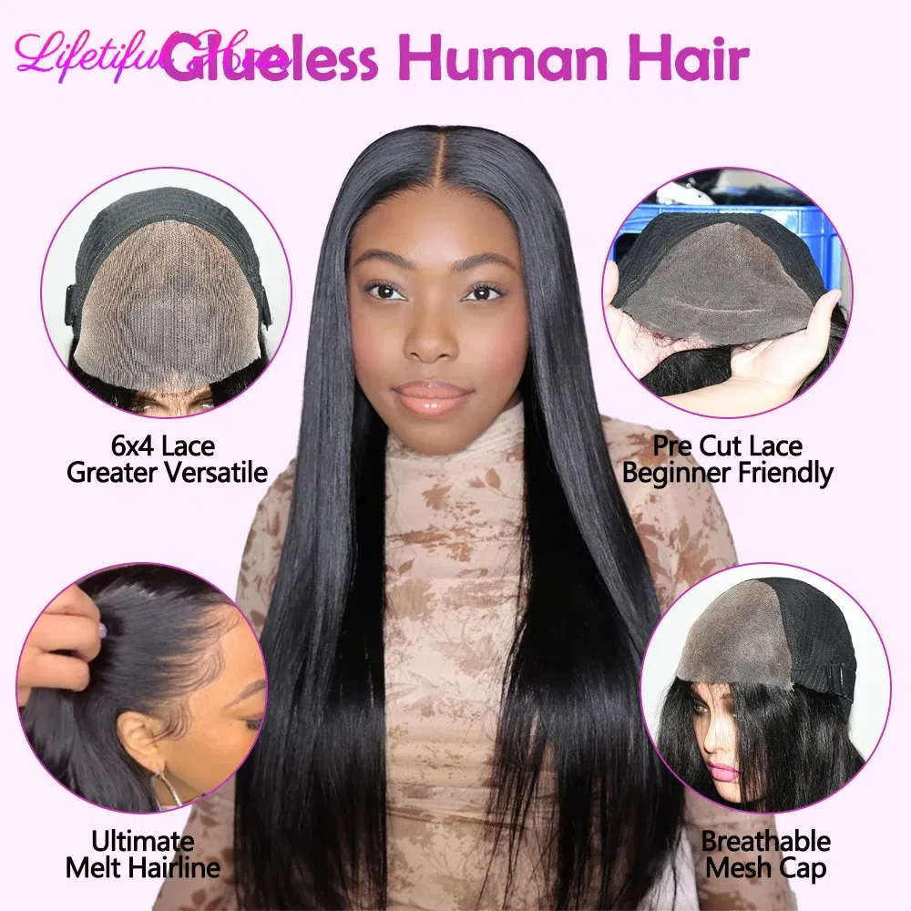 Hair Color: #1B, Density: 200%, Ships From: CHINA, Stretched Length: 24inches - 32 Inch 6x4 Bone Straight Human Hair Wigs Glueless Wig Human Hair Ready To Wear Pre-cut Brazilian 100% Human Hair Wigs For Women