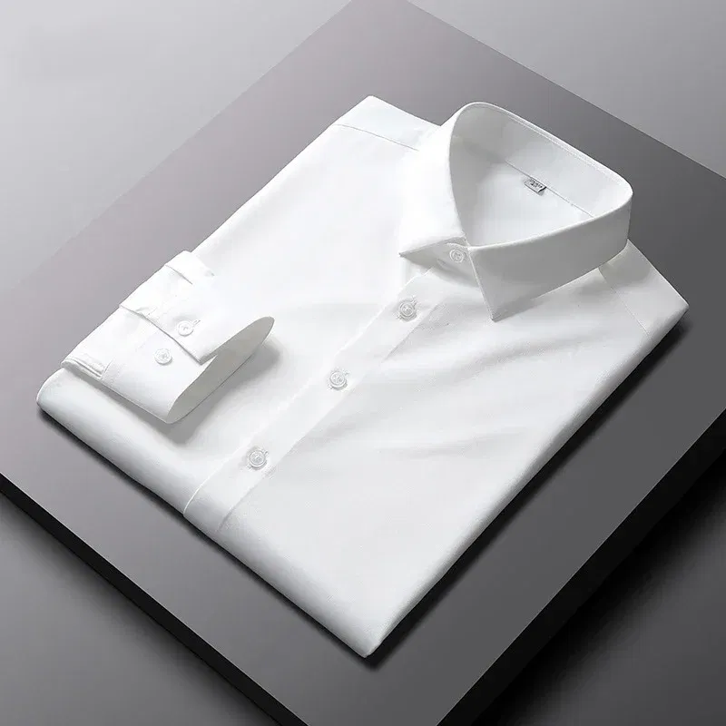 Color: WHITE, Size: 4XL - Men's Casual and Fashionable Long Sleeved Solid Color Shirt Non Ironing and Wrinkle Resistant Business Top