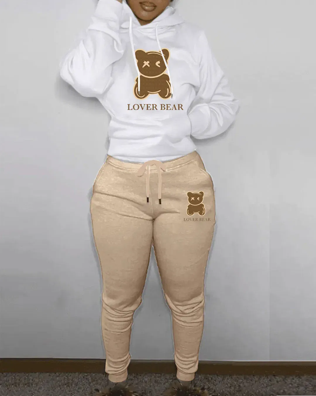Color: Gold, Size: XL - 2 Piece Set Women Outfit Letter Bear Print Hooded Neck Hoodies Sweatshirt Pants Tracksuit 2024 Plus Size Streetwear Casual Suit