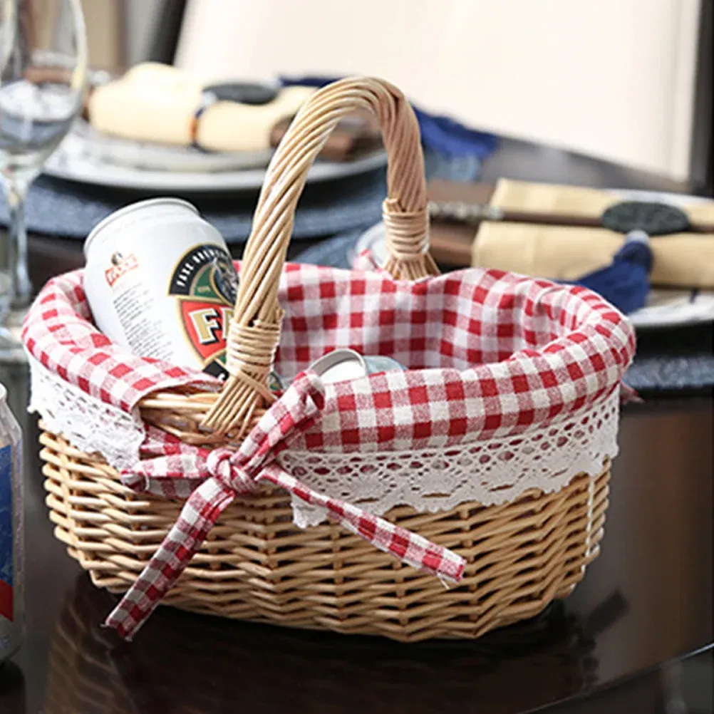Color: Red - Basket Storage Wicker Woven Picnic Flower Willow Baskets With For  Bread Fruit Handles Handheld Flowers Kitchen Vegetable Easter