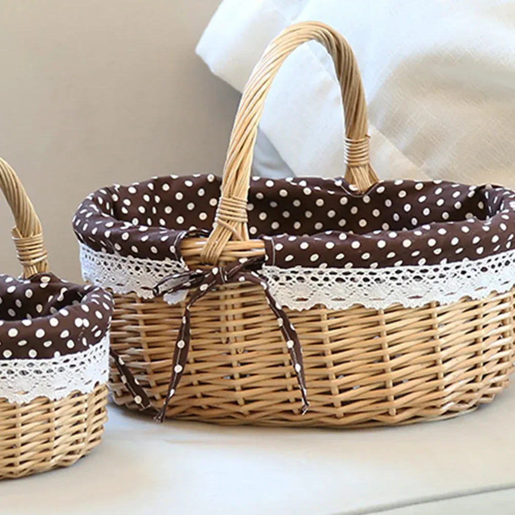 Color: Red - Basket Storage Wicker Woven Picnic Flower Willow Baskets With For  Bread Fruit Handles Handheld Flowers Kitchen Vegetable Easter