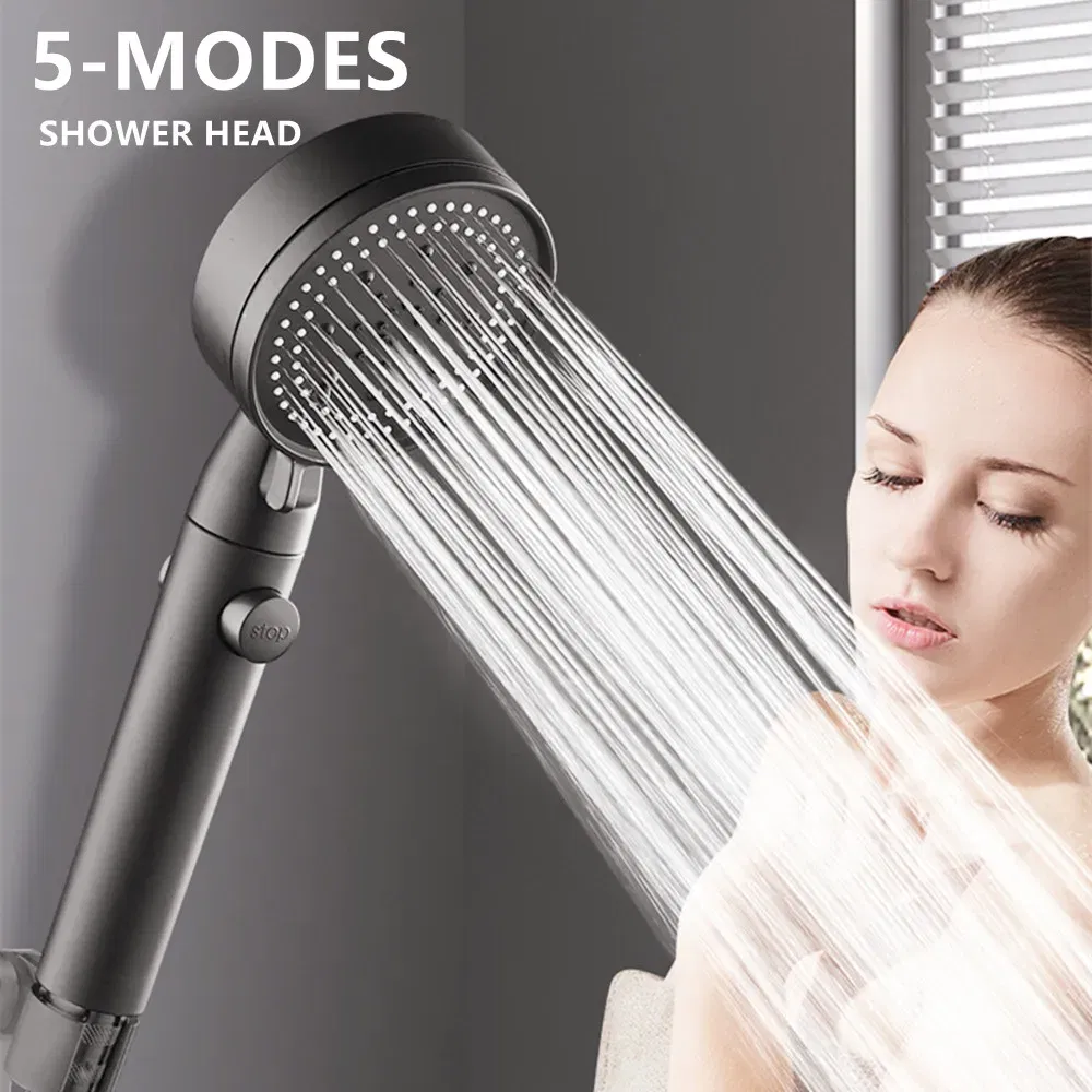 Color: WHITE - High Pressure Shower Head 5 Modes Adjustable Showerheads with Hose Water Saving One-Key Stop Spray Nozzle Bathroom Accessories