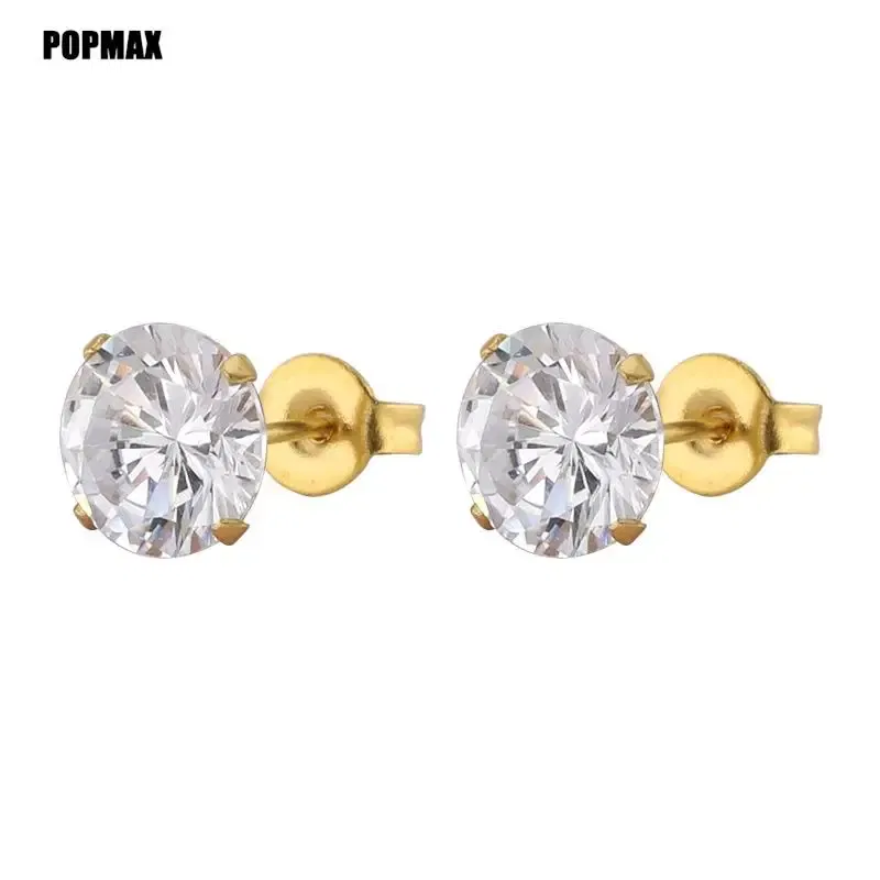 Metal Color: Gold-color, Main Stone Color: Green - POPMAX 1Pairs/2Pcs Stainless Steel Crystal Studs Earrings For Women Men 4 Prong Tragus Round Clear Cubic Zirconia Ear Jewelry