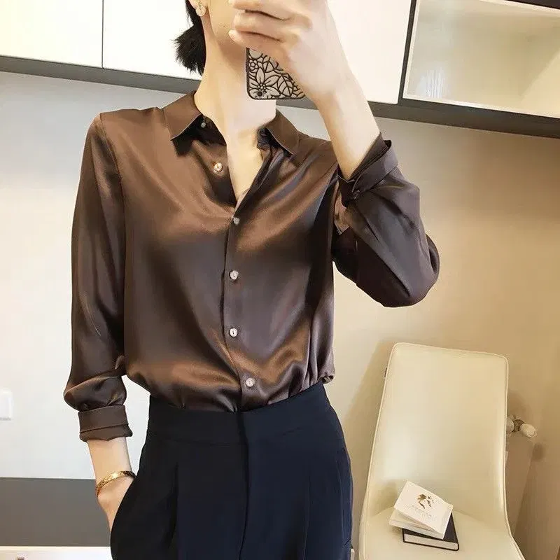 Color: Khaki, Size: XL - All-match Satin Finish Shirts And Blouses Women Clothing Casual Top OL Long Sleeve Button Elegant Shirts French Solid Blouses