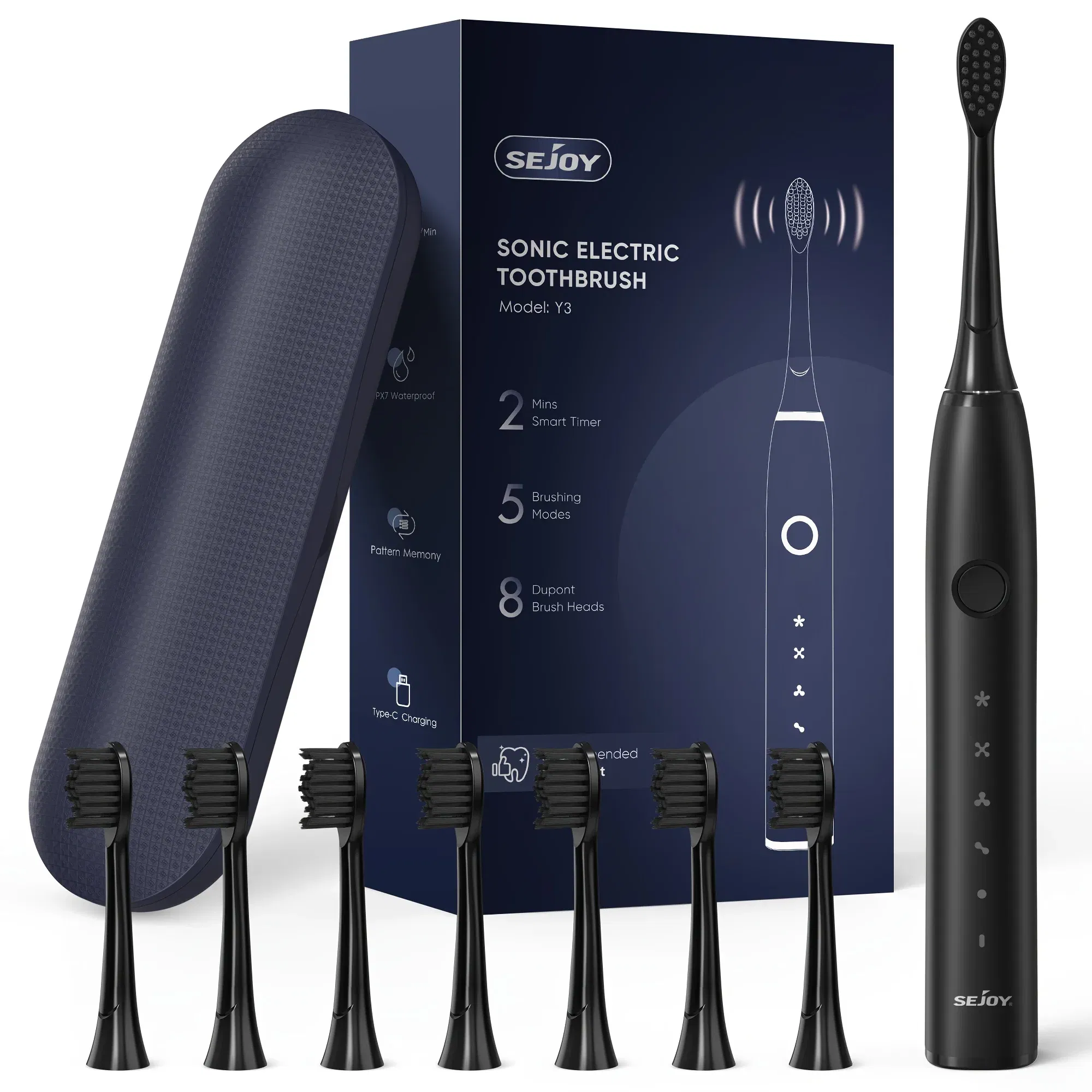 Color: dark blue, Ships From: CHINA - Electric Toothbrush Tooth Brush USB Rechargeable Adult Ultrasonic Teeth Cleaning 8 Replacement Toothbrush Heads