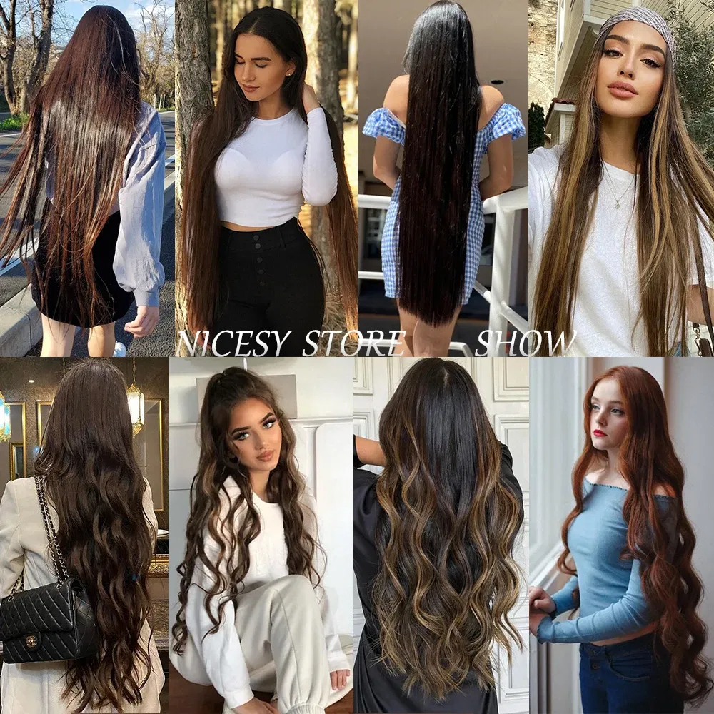 Color: #35, Stretched Length: 32inches, Ships From: CHINA - Synthetic Natural Wavy No Clip Fish Line Invisible Hair Extensions Mixed Color Blonde Black Artificial False Hair Piece ForWomen