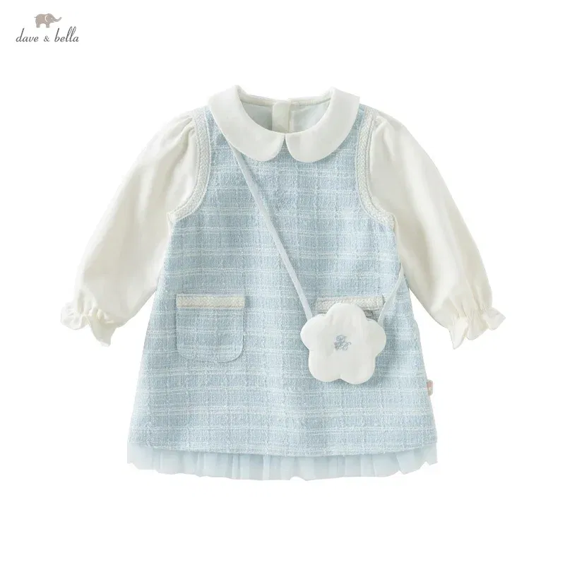 Color: Gold, Kid Size: 30 - Dave Bella Children's Dress 2025 Spring New Girls Baby Gentle Cute Fake Two piece Baby Elegant Princess Dress Party DB1250299