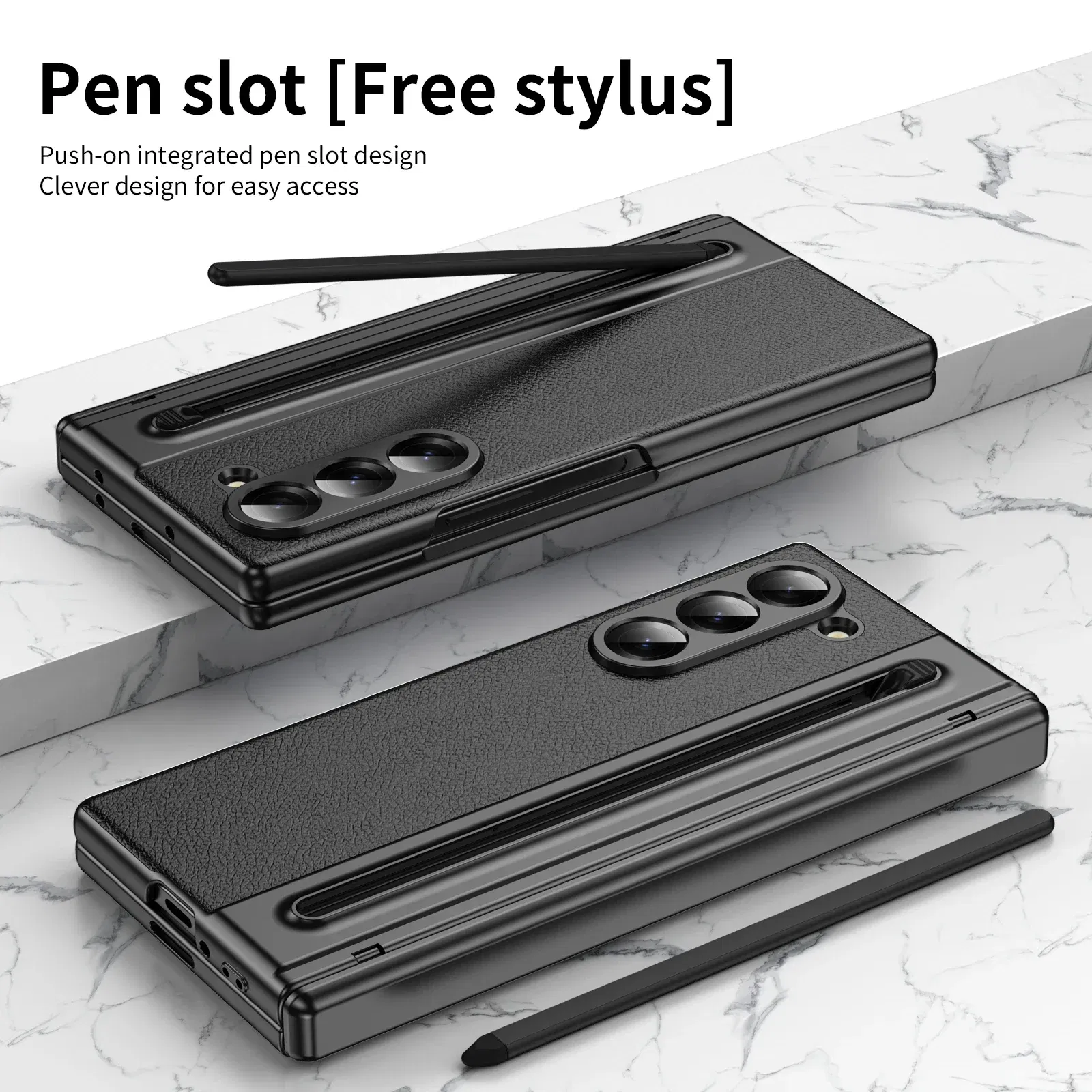Color: black, Material: ABS - With Touch Pen For Samsung Galaxy Z Fold 6 Slim 5 W25 5 4 3 Case Leather Plating Hinge 360 Full Screen Protector Folding Cover